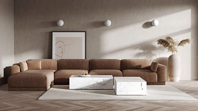 Phòng khách được trang trí với màu nâu chủ đạo cùng các vật dụng hình khối điển hình của thiết kế kiến trúc nhà tối giản 